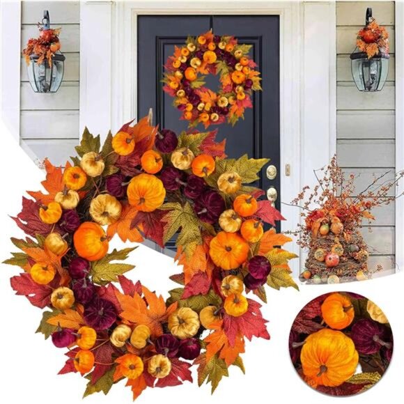 Fall Wreaths for Front Door,24 Inch Fall Decor Pumpkins Maple Front Door - Picture 1 of 7